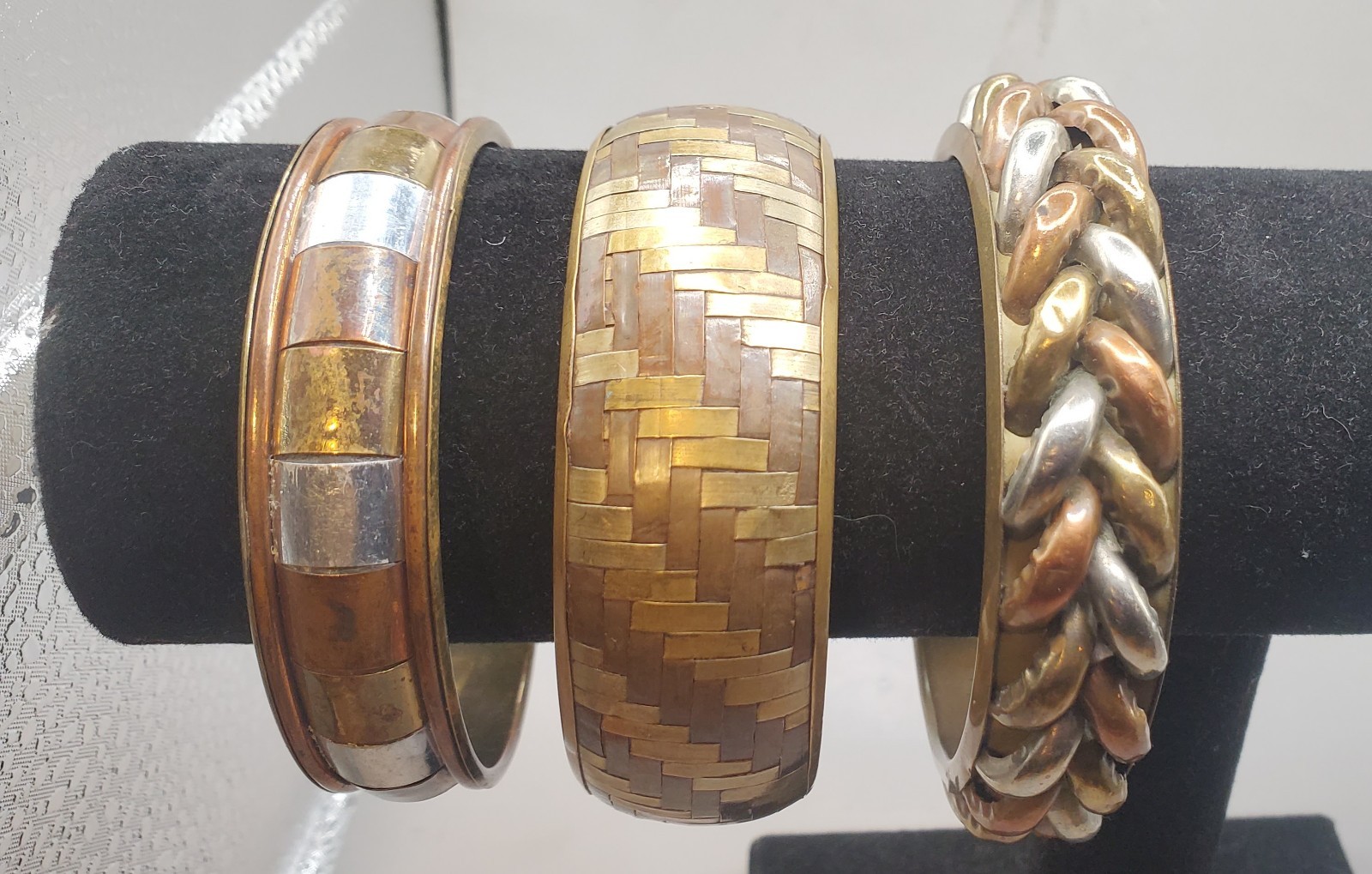 3 Vtg Tri-metal Brass Copper Bangles: Basket Weave, Braided, Rectangle Design