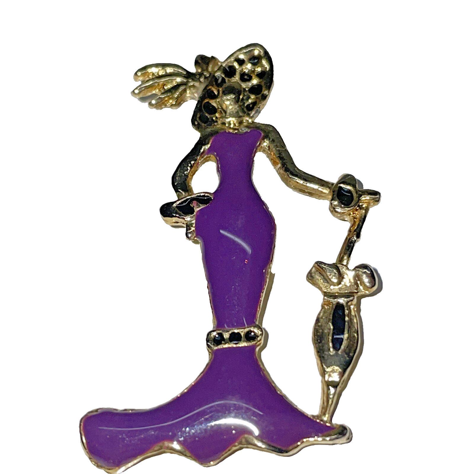 Vintage Woman Pin Brooch With Umbrella Gold Tone Purple Enamel Safety Pin Clasp