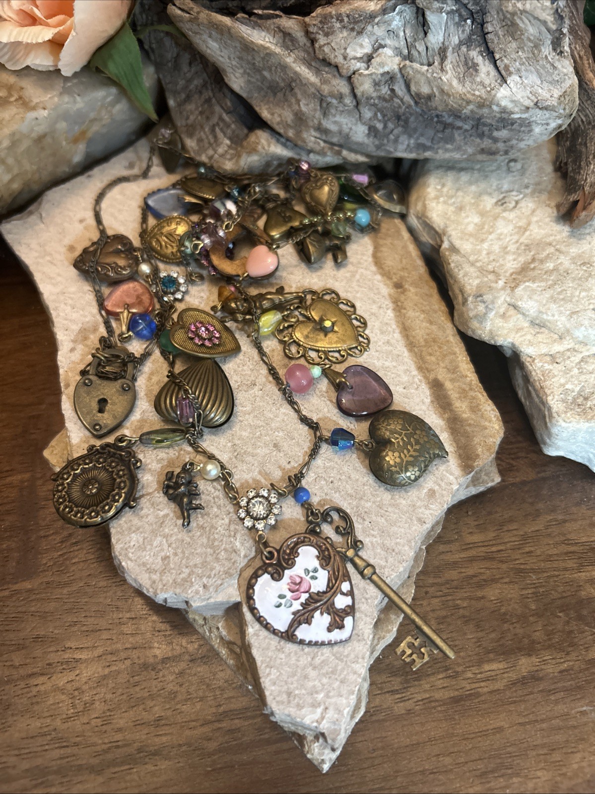 50. GLASS WORKS STUDIO Brass Multi Color Glass Heart Enamel Flower Necklace 33″