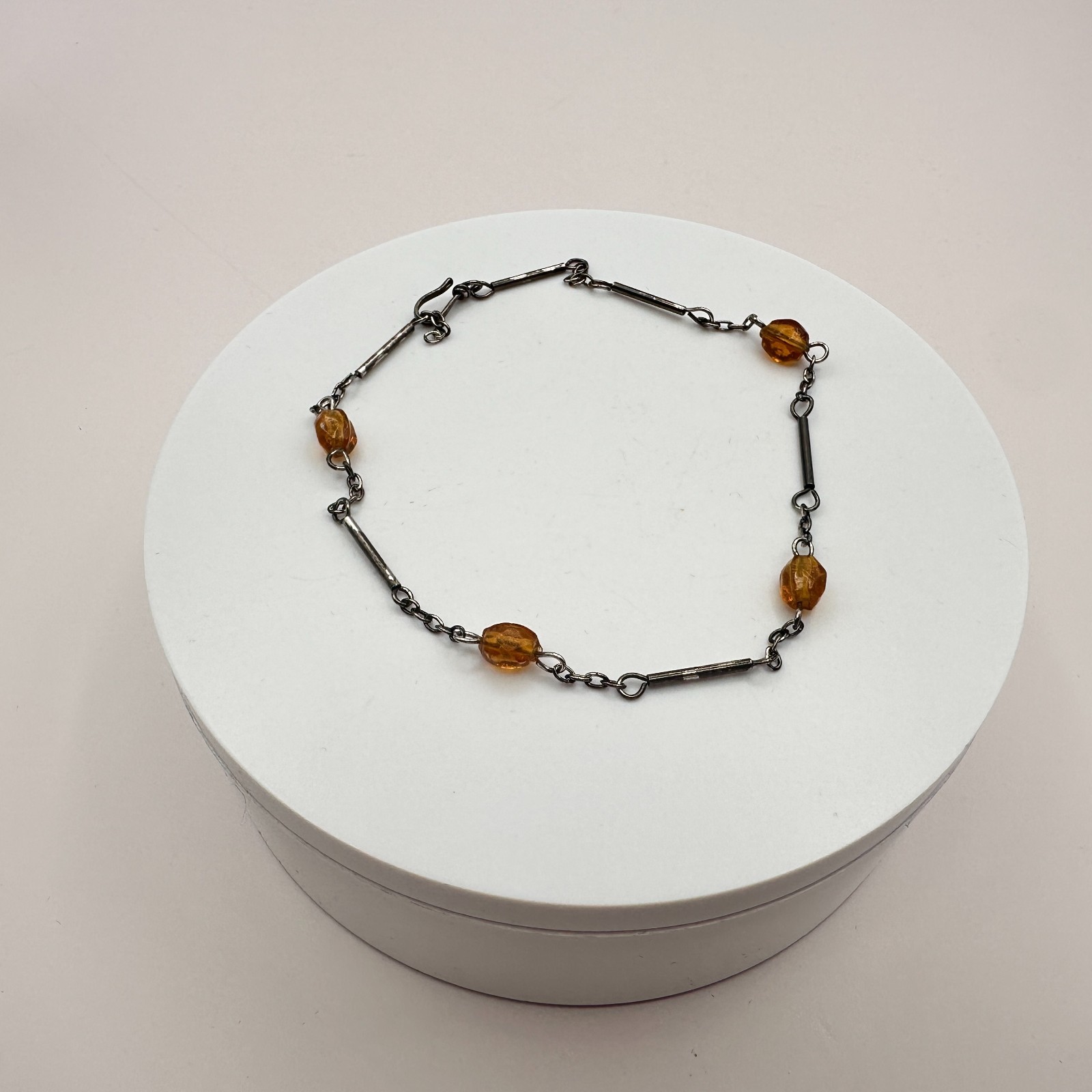 Vintage 90s Amber Beaded Bar Link Chain Bracelet Bronze Tone Women’s Jewelry