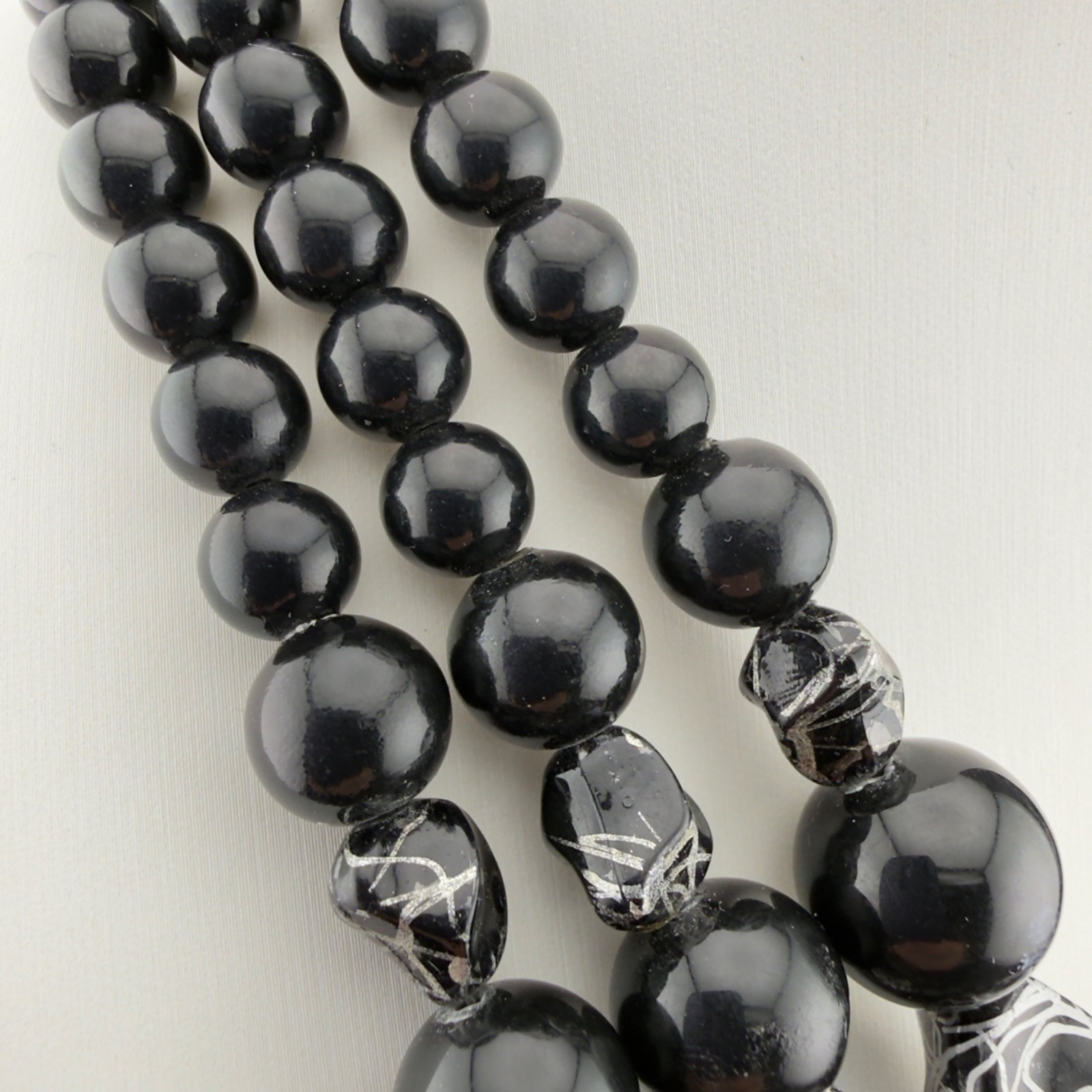 Vintage Beaded Statement Necklace Black Silver Acrylic Multi Strand