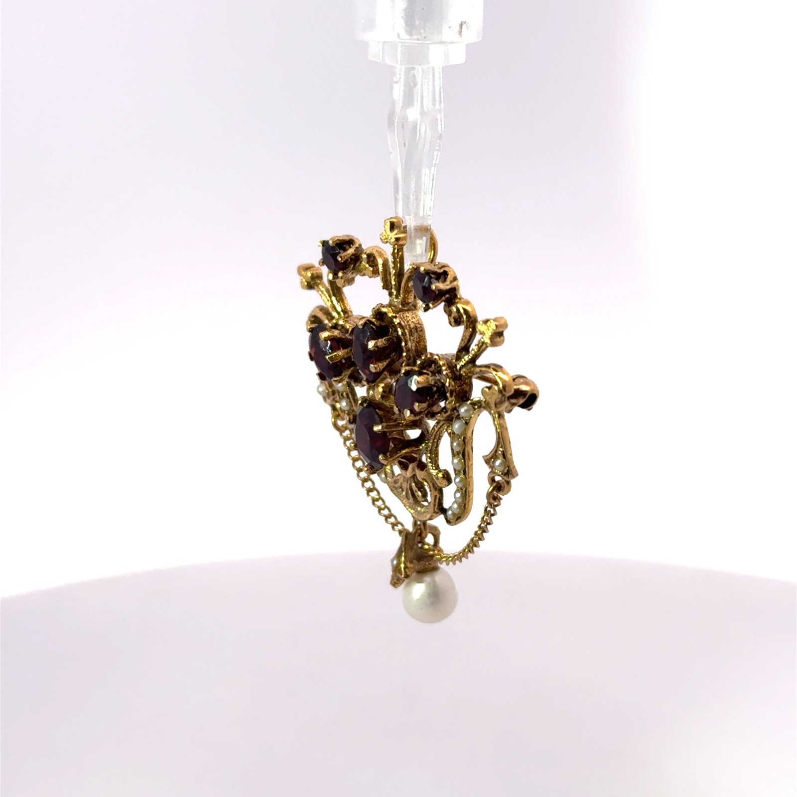 Antique 14k Stamped Yellow Gold Garnet & Pearl Brooch Pin