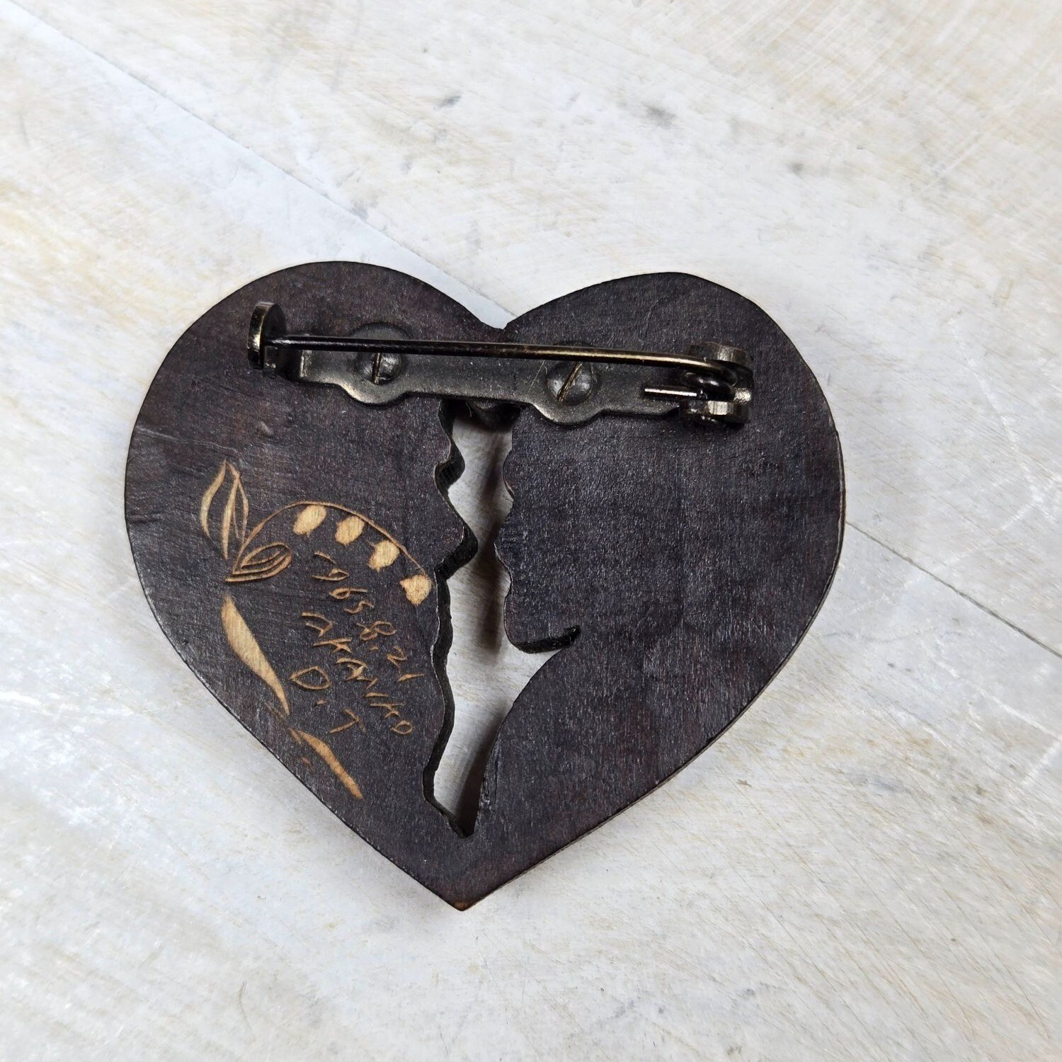 Vtg Hokkaido Wood Carved Heart brooch Artist signed Rare Jewelry dated 1965