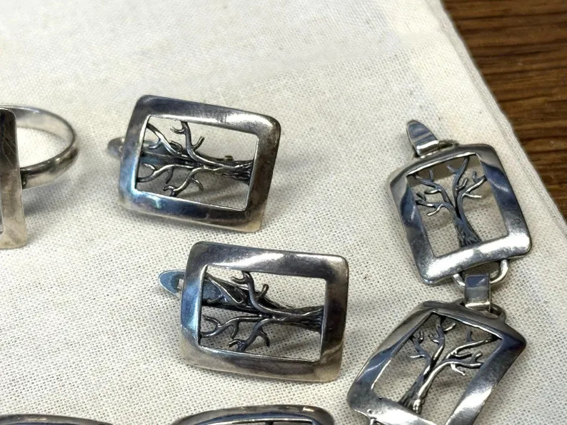 Vintage set tree of life 925 sterling silver bracelet earrings ring