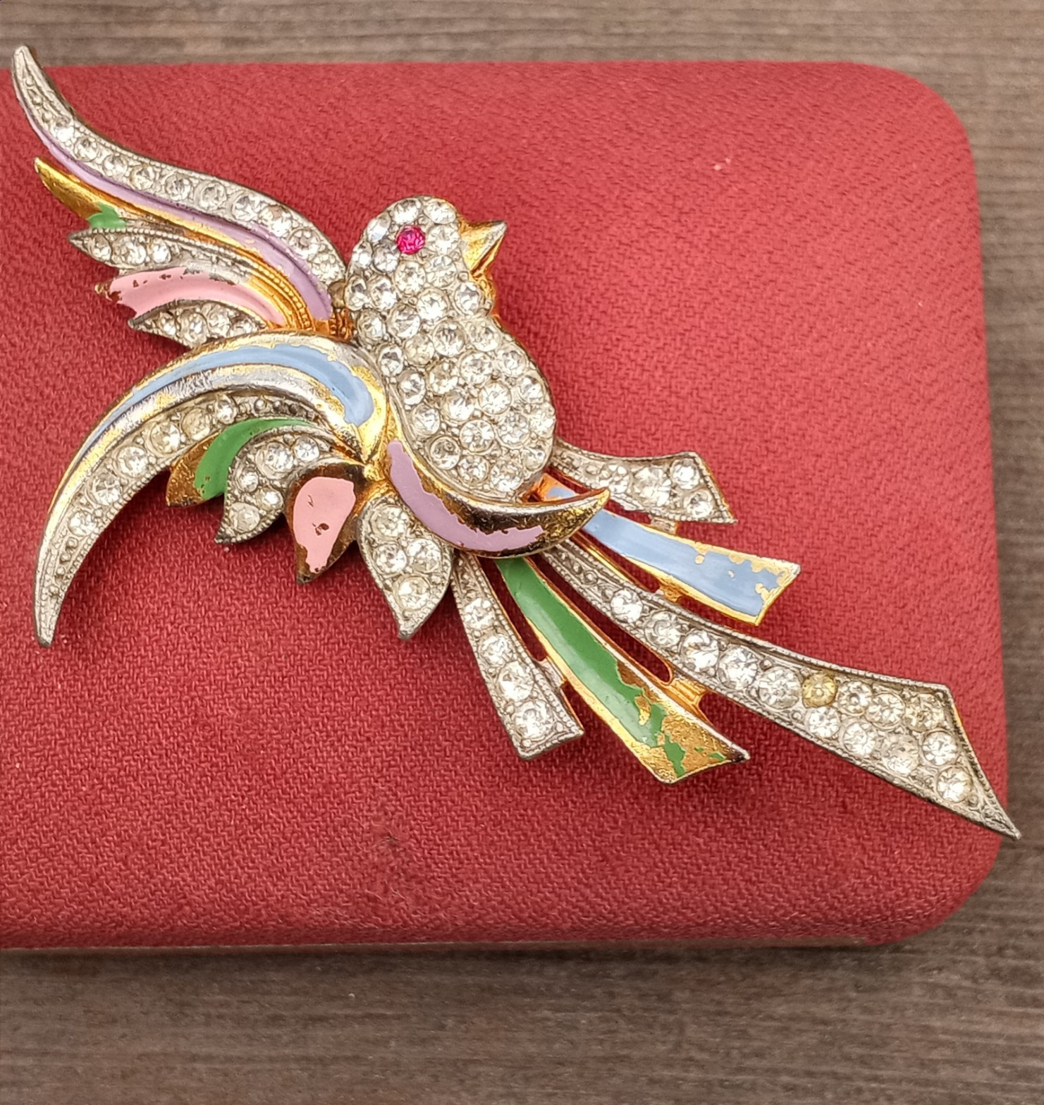 Vtg Coro? Clear Red Rhinestone Pink Blue Enameled Green Paradise Bird Brooch Pin