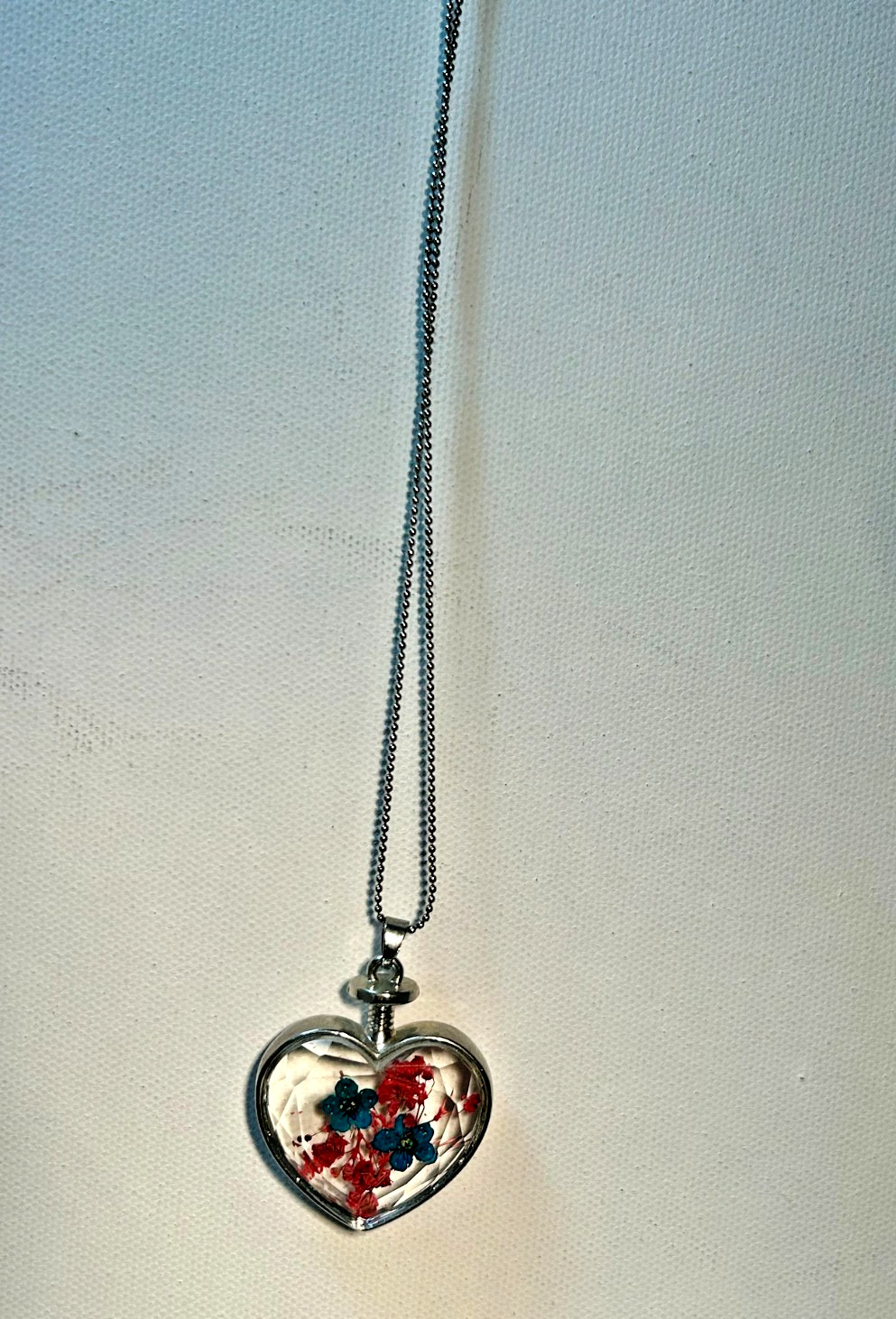 Vintage Heart Pendant Necklace Blue and Red Pressed Flowers