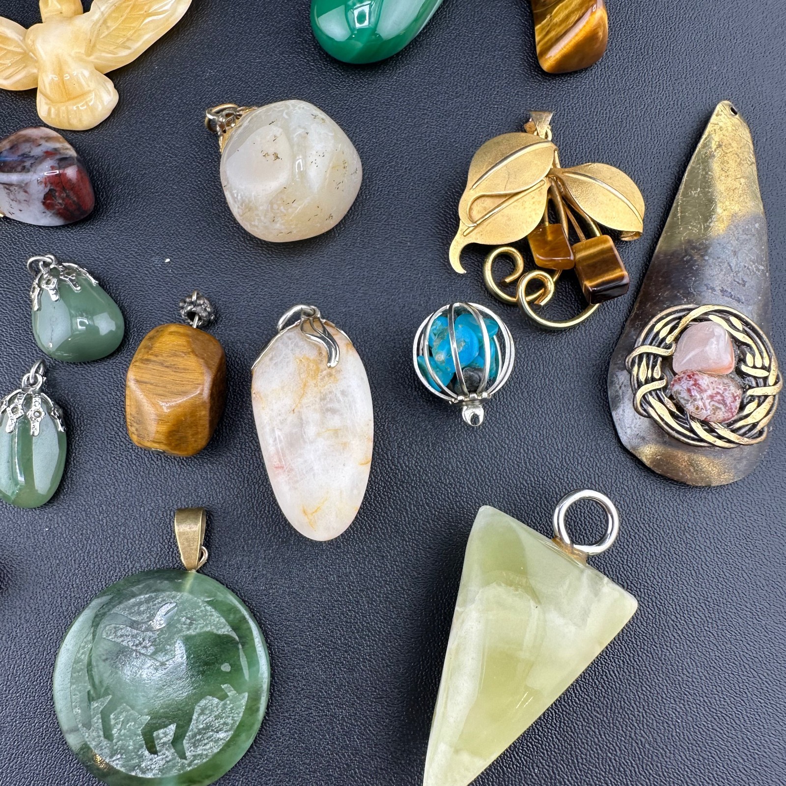 Vintage Gemstone Pendant Charm Lot Jade Quartz Agate Tigers Eye Jasper 25+