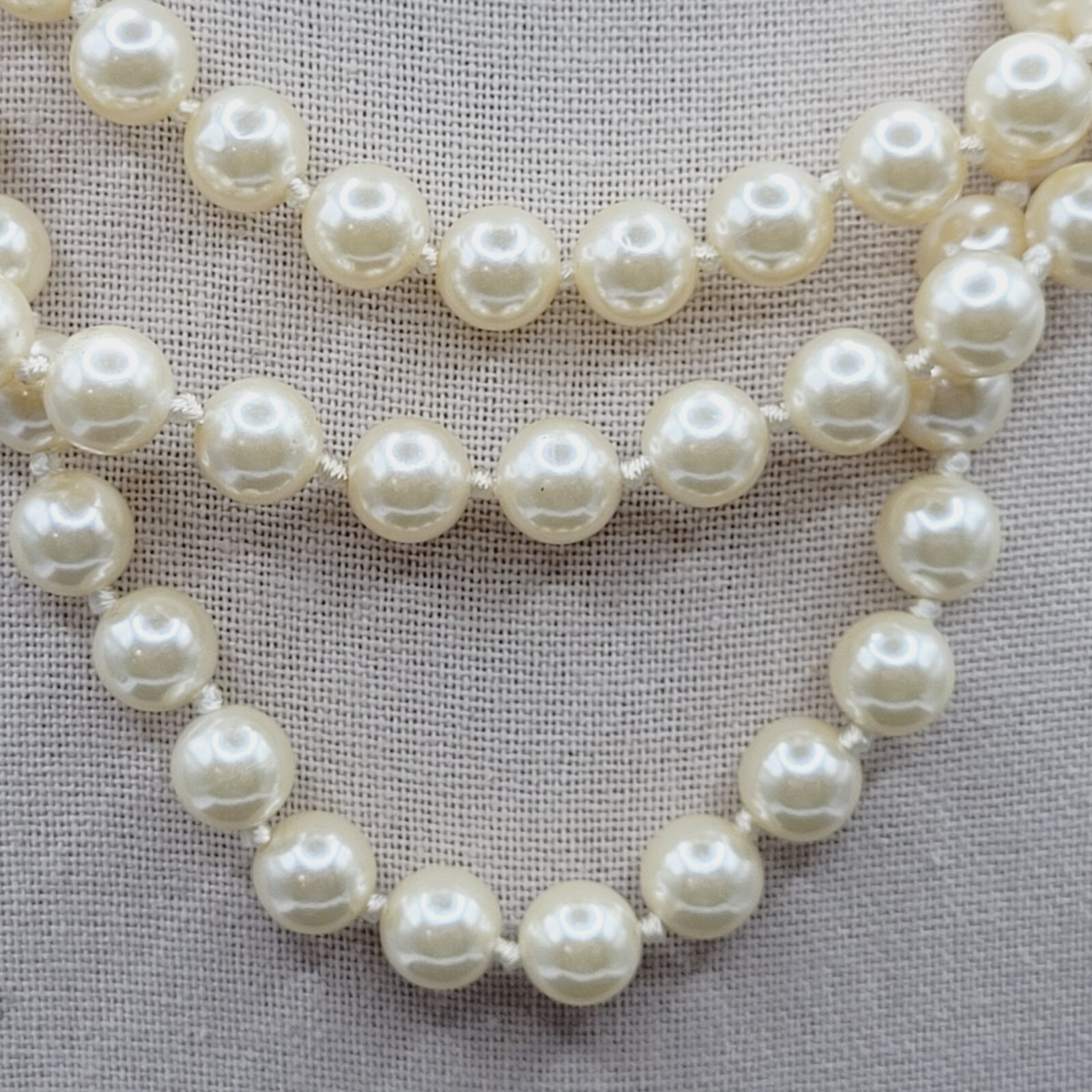 Triple Strand Off White Faux Pearl Knotted Necklace with Gold Tone Clasp 15 Inch