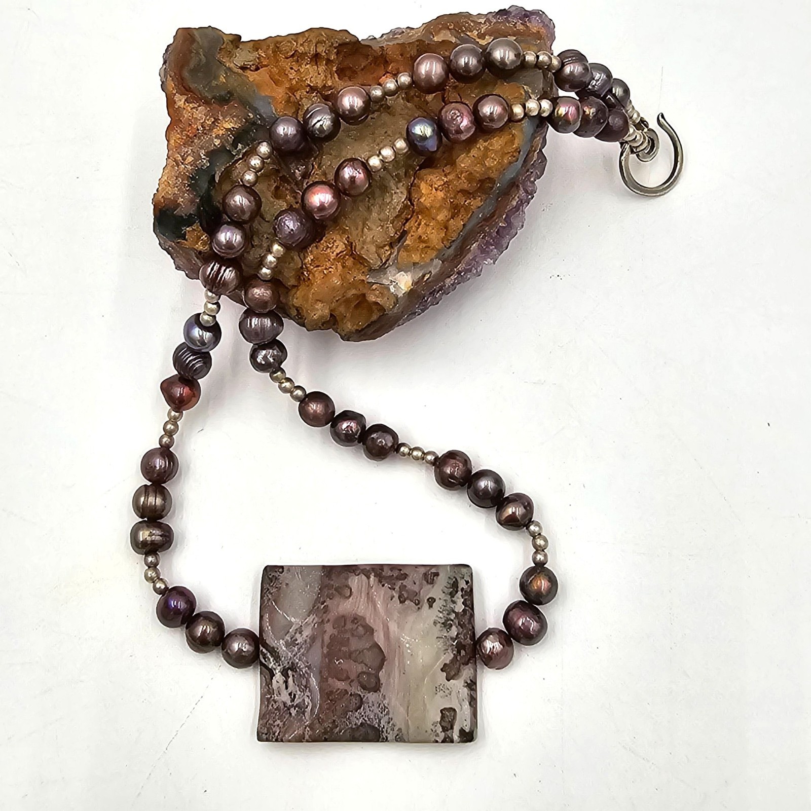 VTG Peacock Baroque Pearl Purple Agate Pendant Sterling Silver Necklace 16″