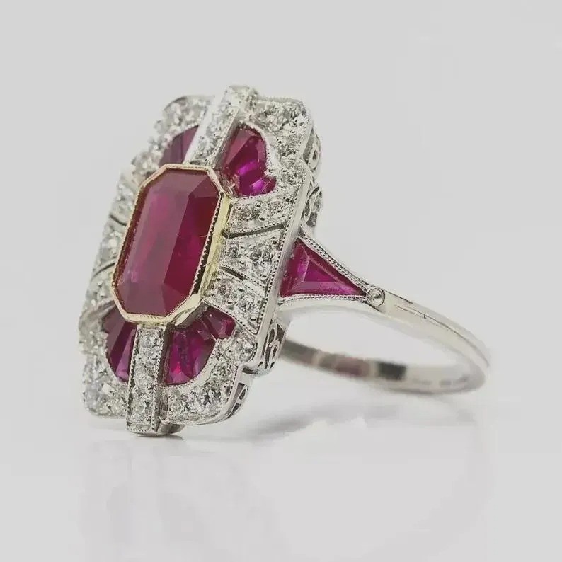 Art Deco 4CT Emerald Cut Real Ruby Vintage Wedding Ring 14K Two-Tone Gold Finish