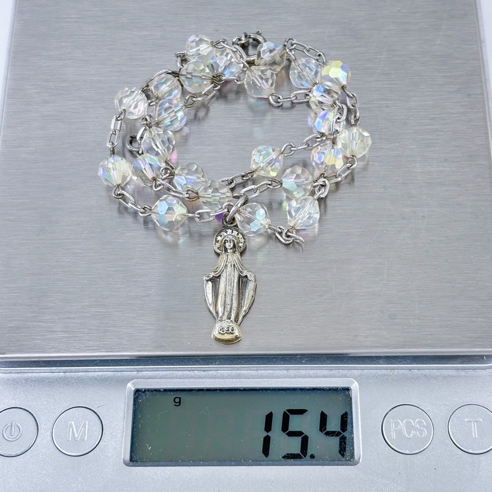 Vintage Sterling Silver 925 Crystal Rosary Necklace 17″