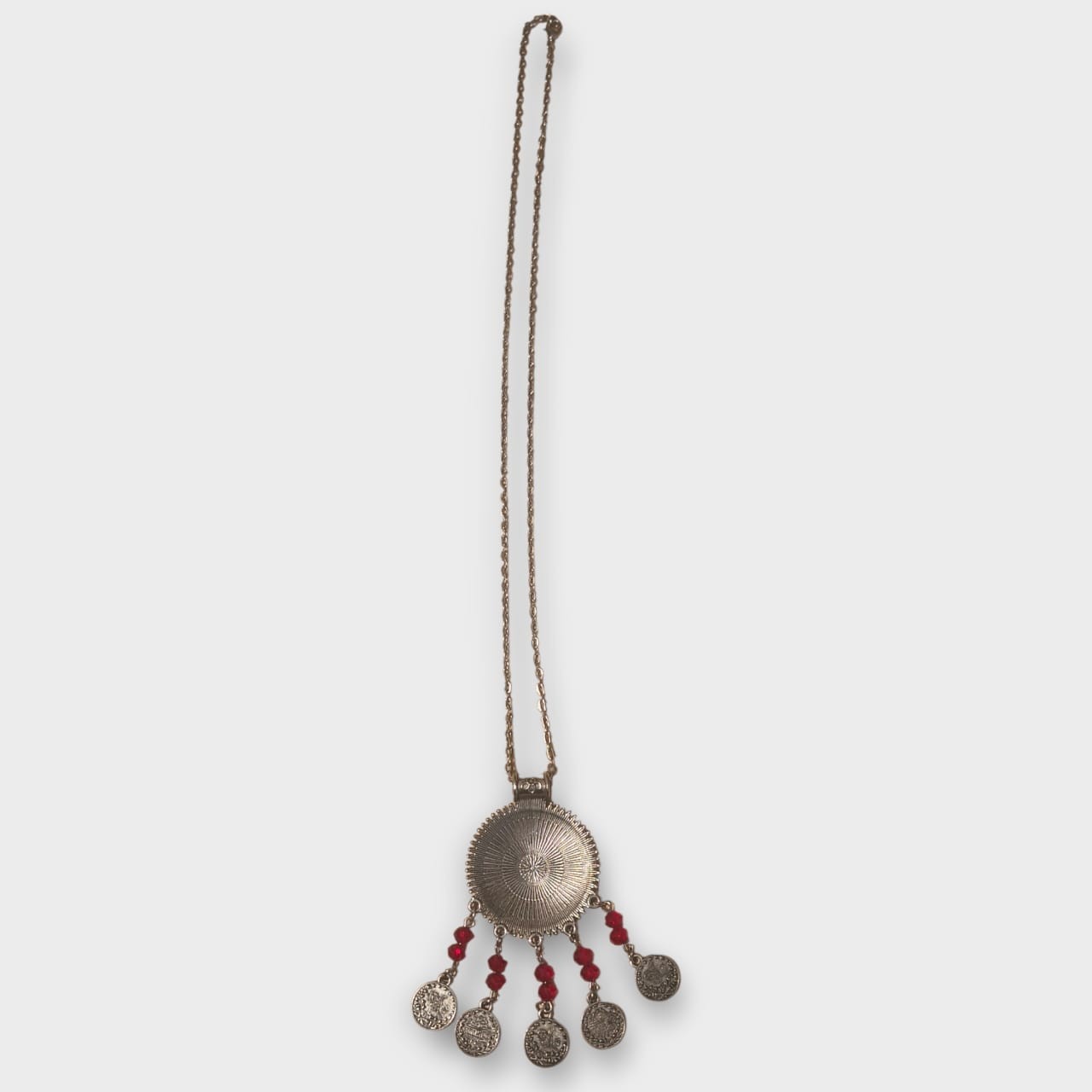 Vintage Silver ToneBoho Ethnic Necklace Coins Pendant Red Beads Womens Jewelry