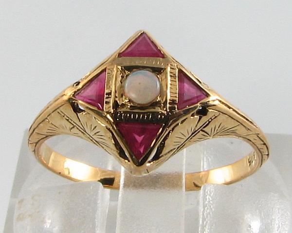9CT 9K GOLD INDIAN RUBY AUSTRALIAN OPAL ART DECO INS COCLTAIL RING FREE Sz