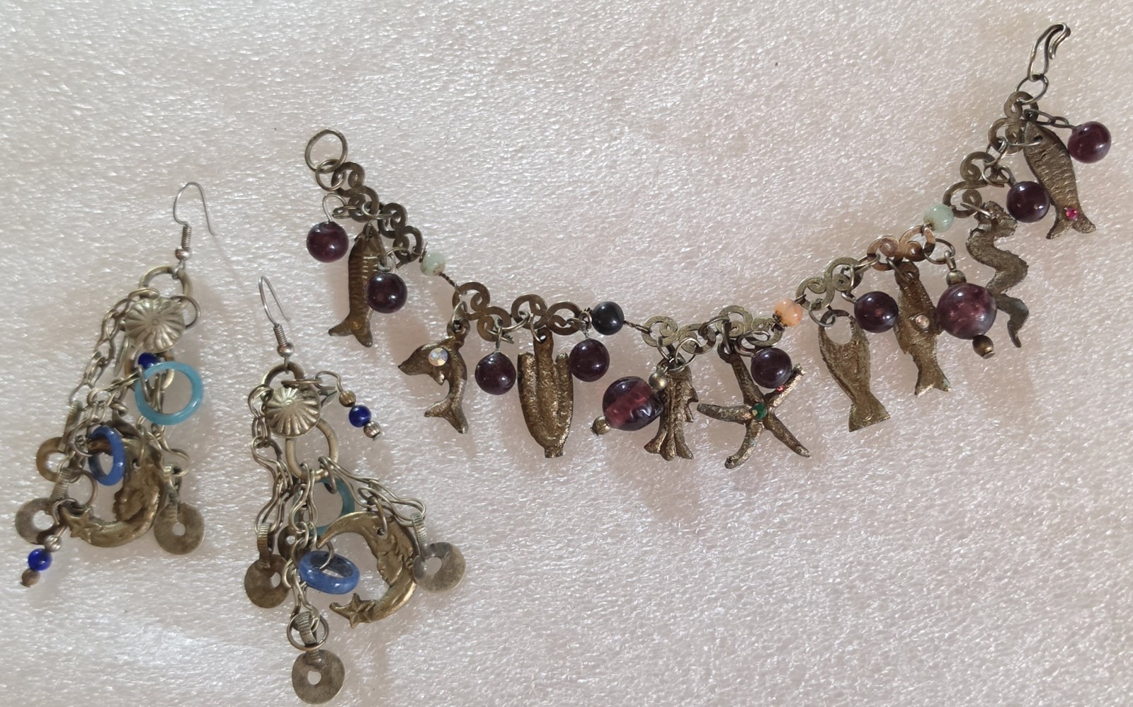Vintage Folk Art Figural Charm Bracelet & Drop Dangle Pierced Earrings