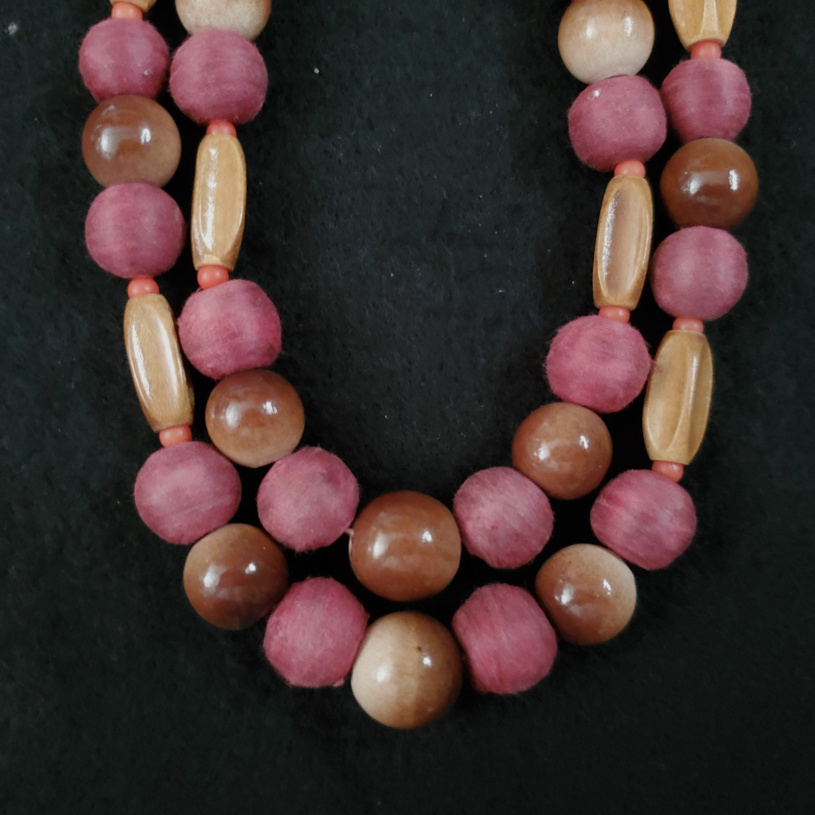 Vintage Layered Beaded Necklace Brown Pink Wood 21″