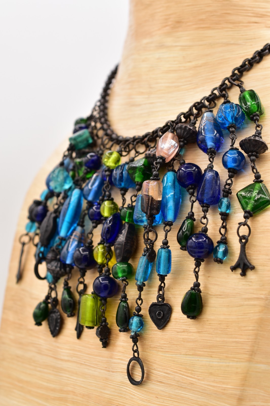 Vintage Glass Beaded Bib Collar Necklace Blue Green Fringe Gunmetal Chunky BinBQ