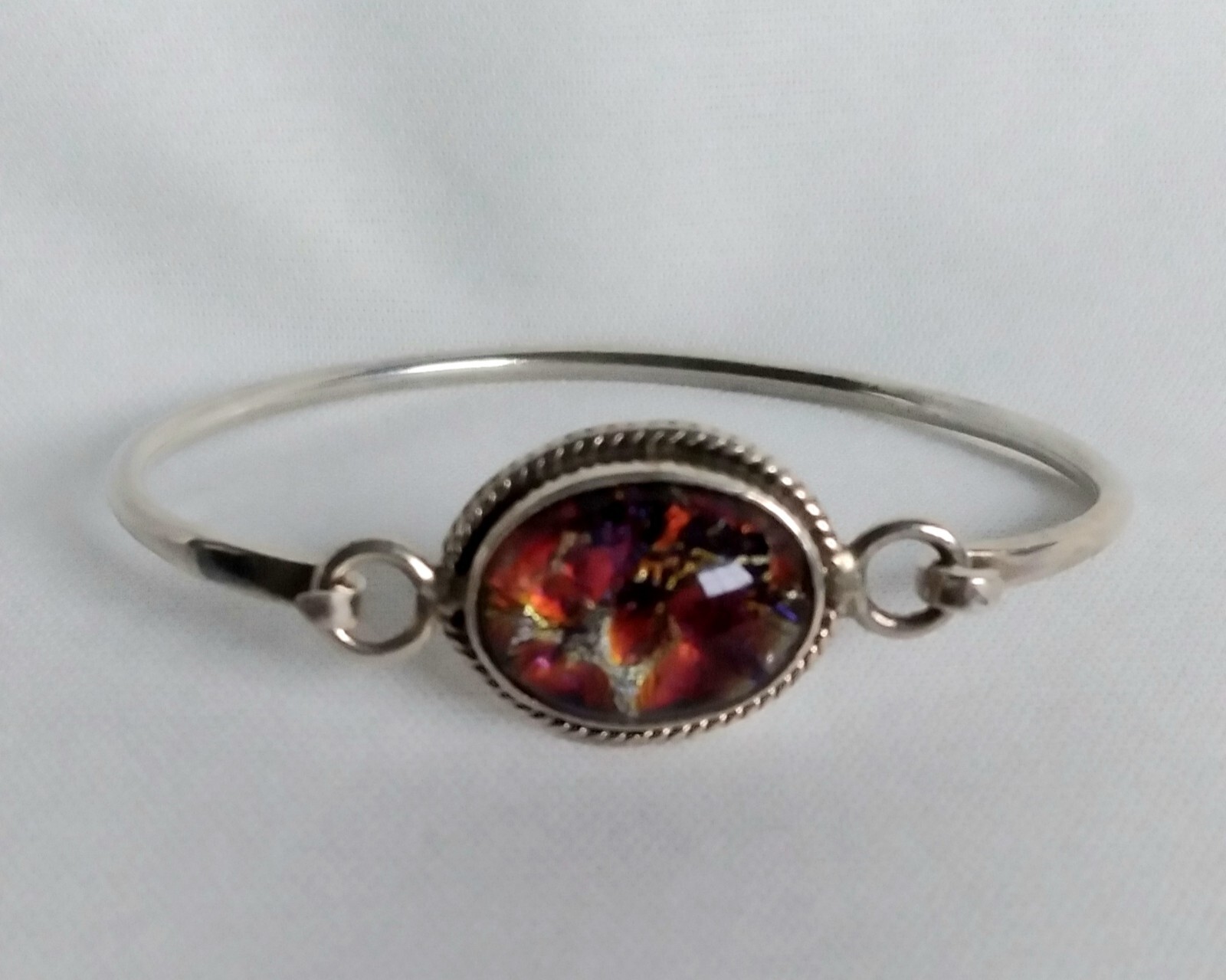 Vintage Mexico 925 Rope Accented Oval Diachroic Glass Tension Bangle Bracelet