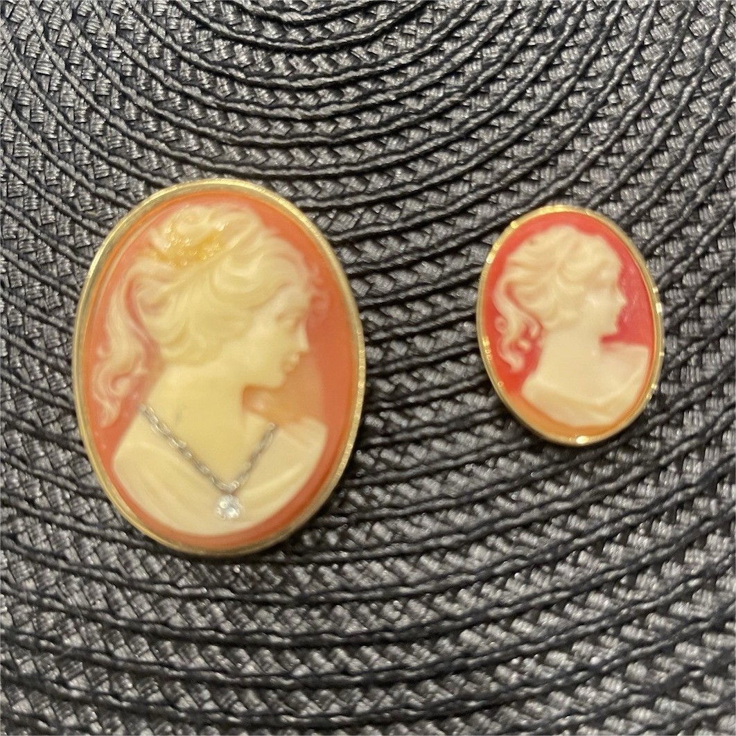 Vintage Cameo Portrait Oval Brooch Pin Set Gold Tone Cream Orange, Lot of 2