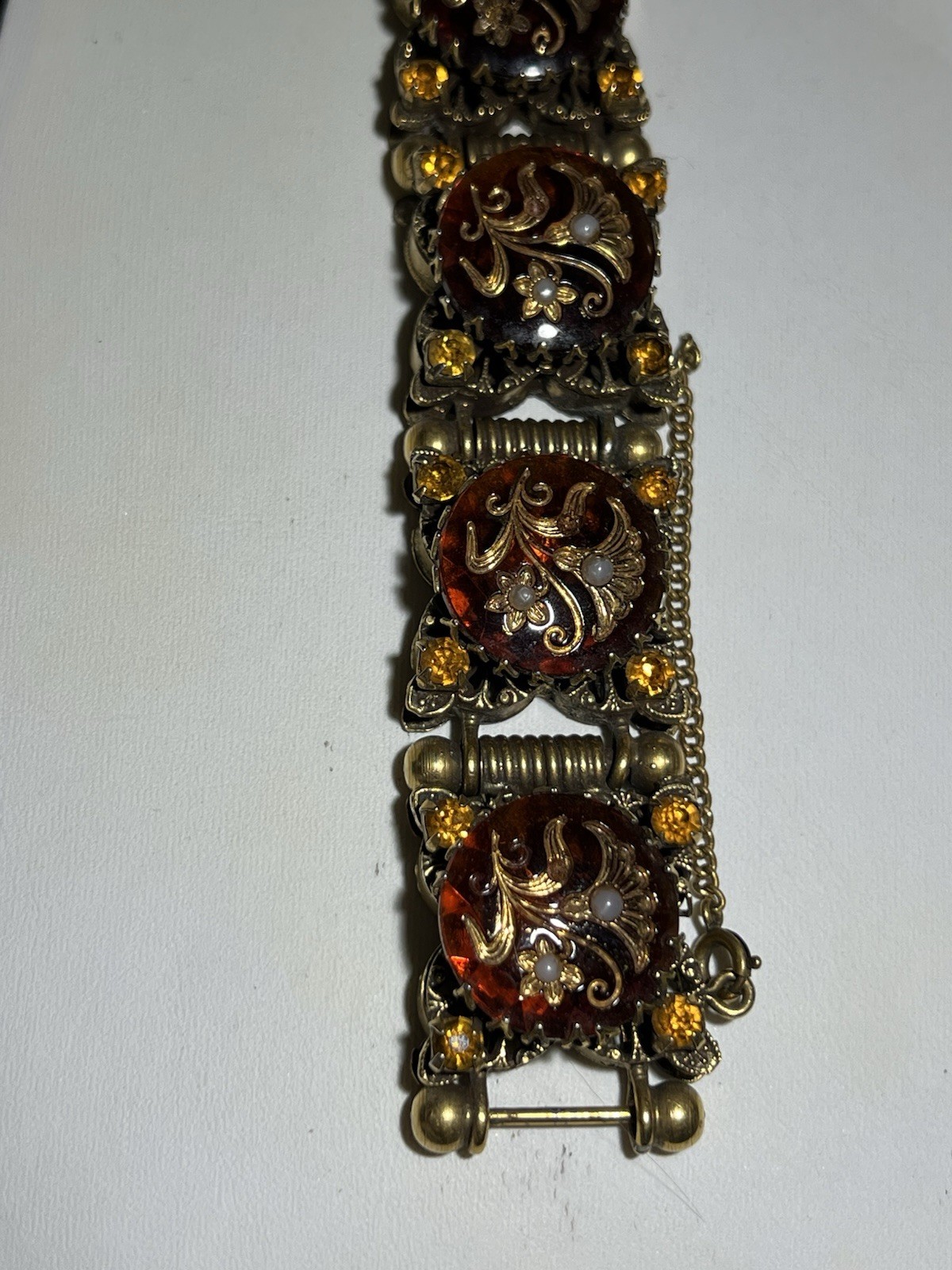Vintage Chunky Brass Amber & Pearl Lucite Panel Bracelet Size 6.25