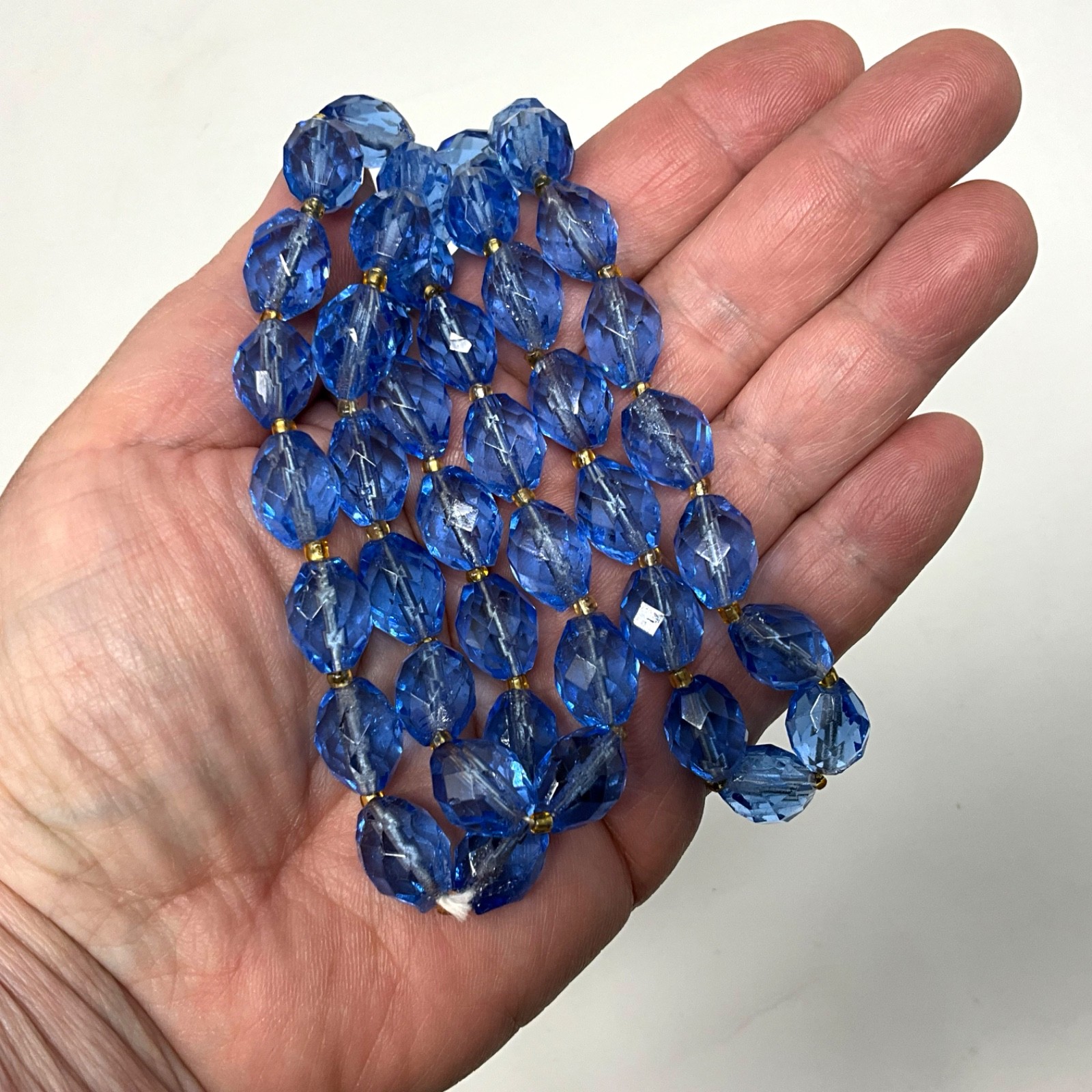 Vintage 20″ Faceted Blue Glass Bead Necklace and Dangle Clip Earrings Set