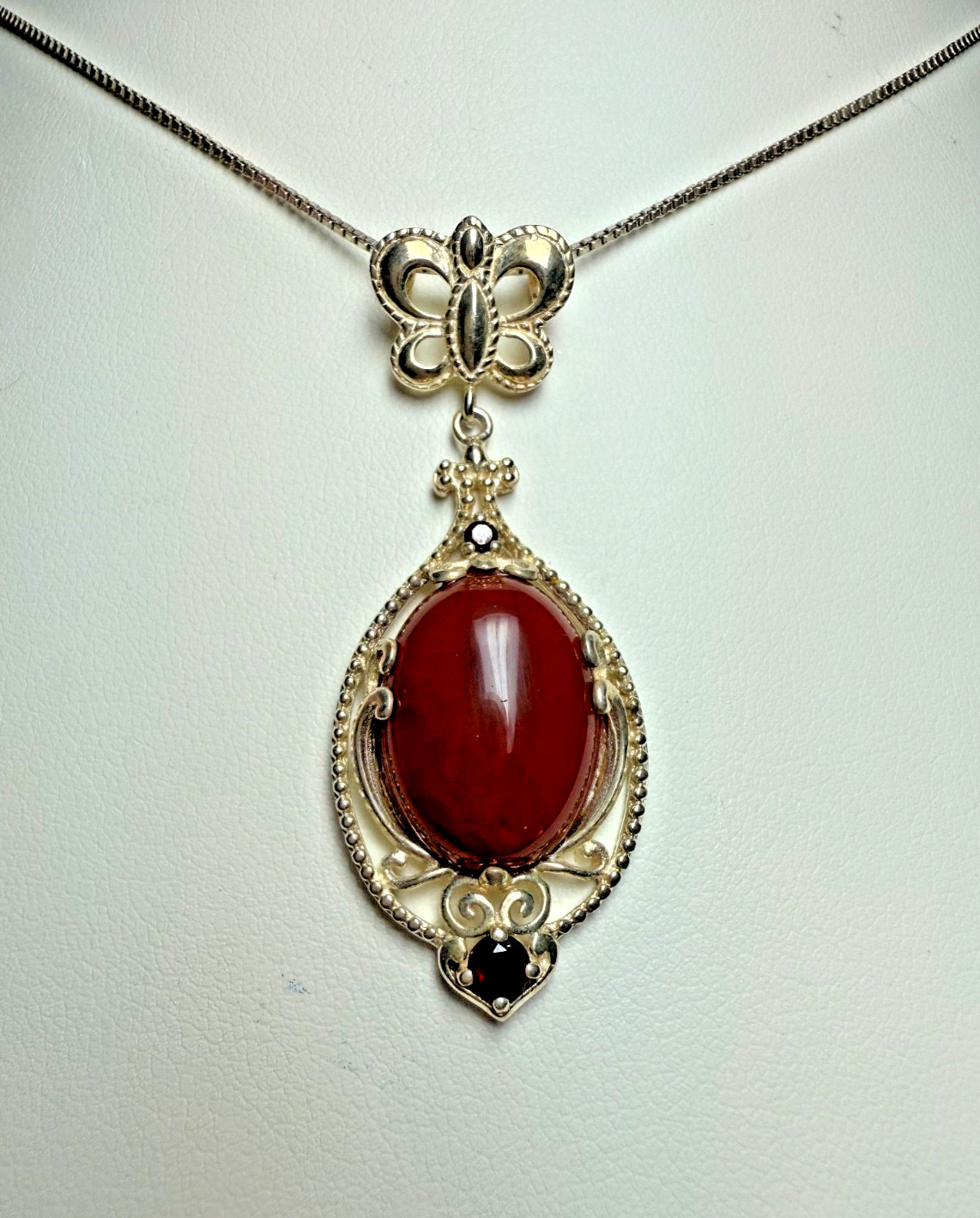 VTG Kit Heath Sterling Silver Butterfly Necklace Earrings Set Red Cabochon 925