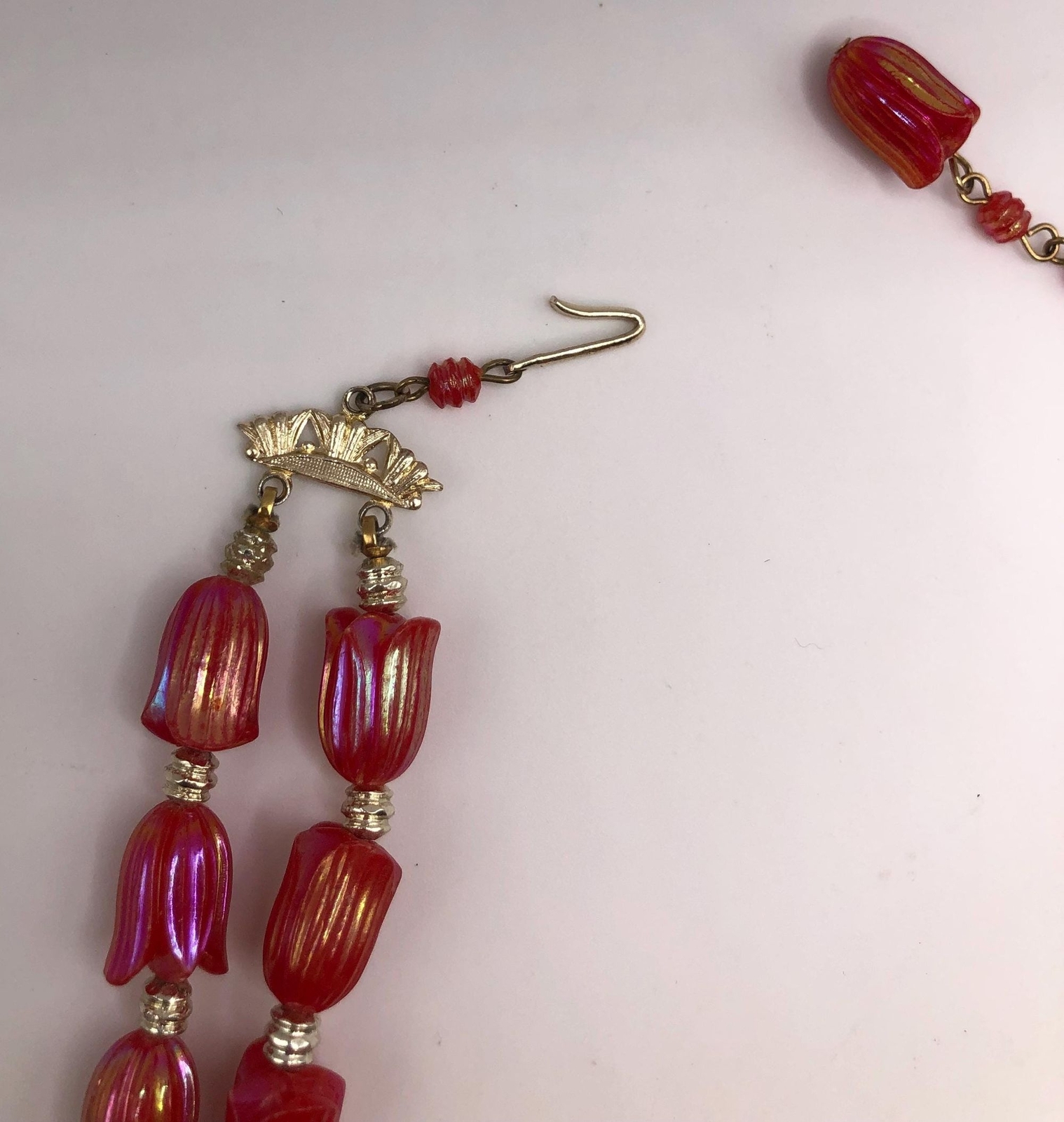 Vintage red iridescent tulip bead two strand necklace and earrings