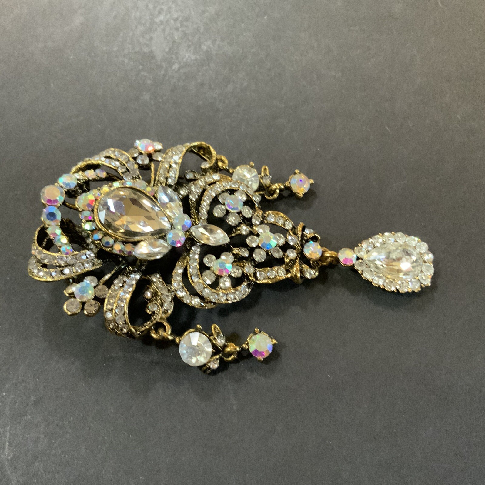 Vintage Rhinestone Brooch Pin or Pendent Dangle Antique Gold Tone 4 in Long