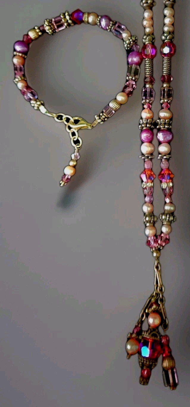 925 STERLING Necklace&Bracelet Multicolor PEARLS & Made With Swarovski CRYSTALS