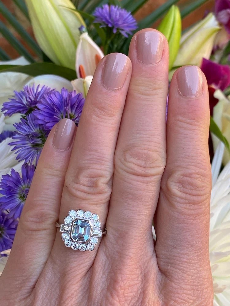3.5Ct Art Deco Style Aquamarine Lab Created Diamond Engagement 14K White Gold FN