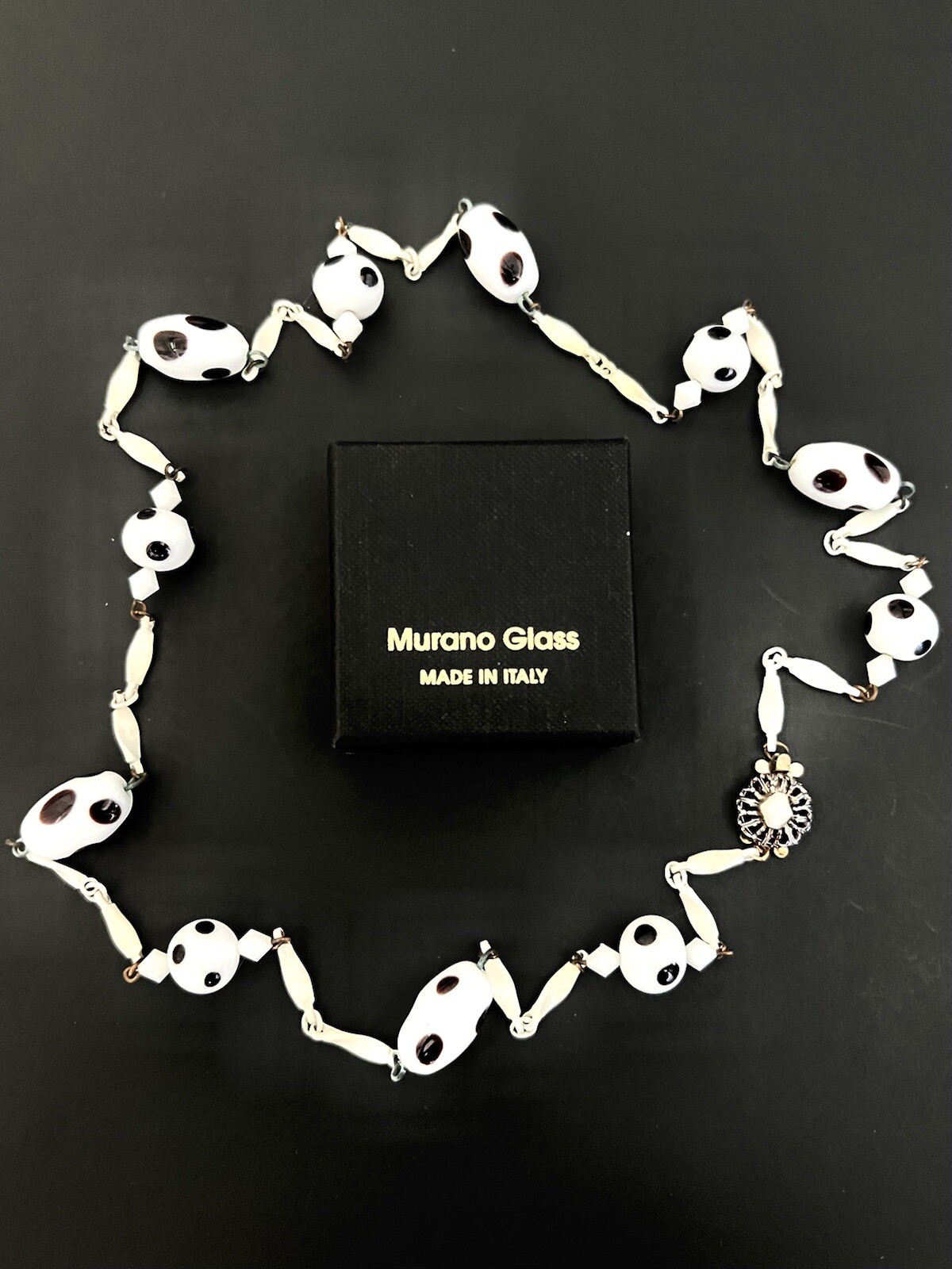 RARE VNTG. MURANO GLASS~BLK&WHT DOTS~ENAMELED BAR LINK STATION NECKLACE ~28”