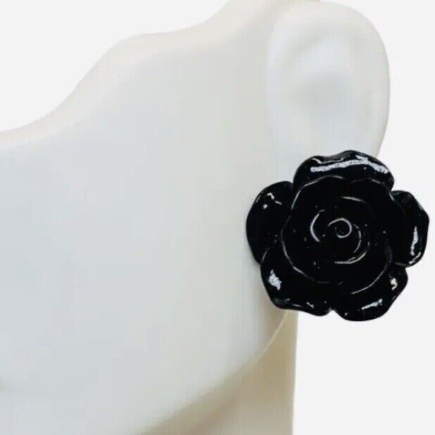 Black Rose Earrings Flower Button Stud 1″ Pierced Lucite Gothic Punk Indie
