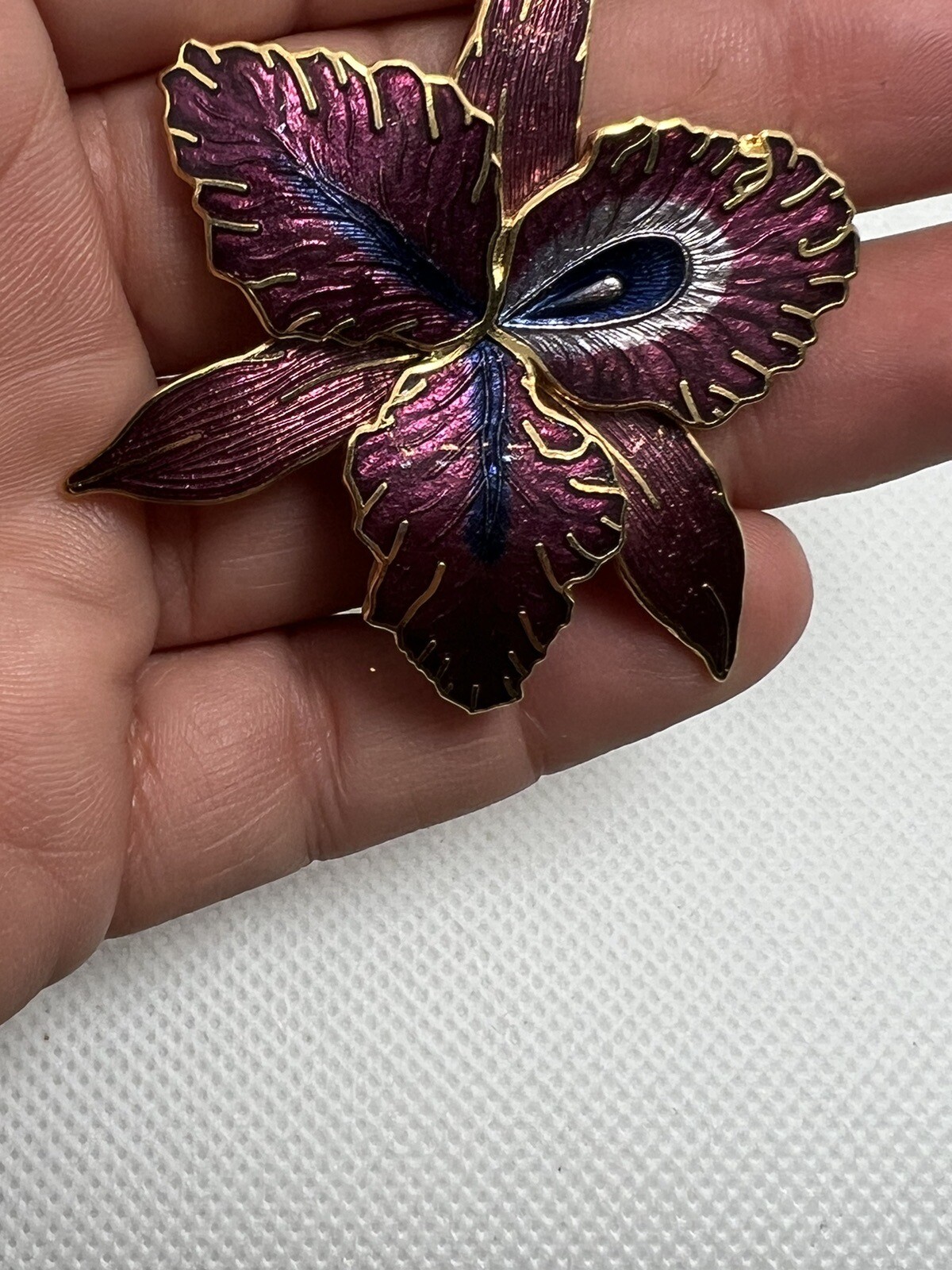 Large Gold Tone & Purple Enamel Orchid Brooch Pin STATEMENT PIECE signed M jewel