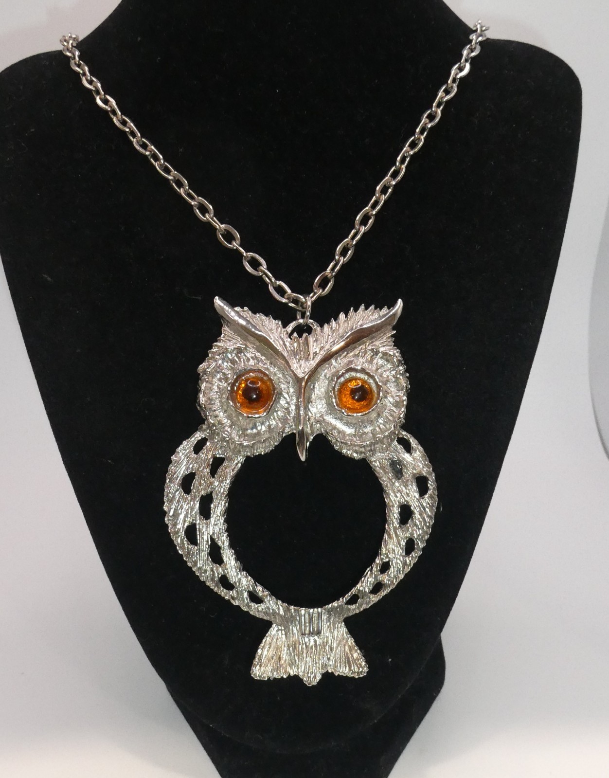 Vintage Huge Owl Pendant Chain Necklace Retro 70s Statement Jewelry Amber Eyes