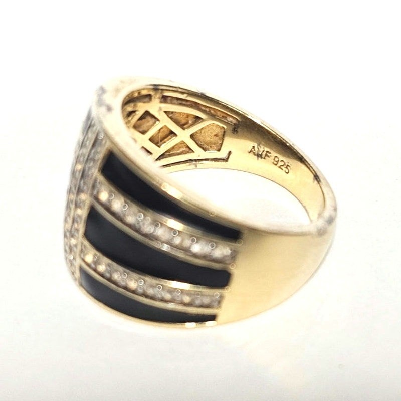 Vintage AVF Signed Vermeil Sterling Black Enamel & White Topaz Ring