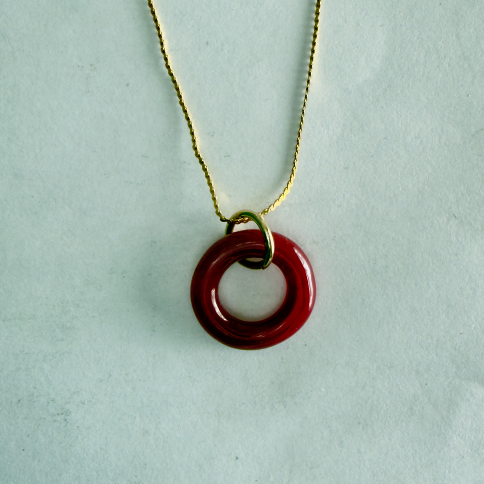 Round Rose Agate Necklace Pendant, 14K Solid Gold, 3D Round Torus Shape