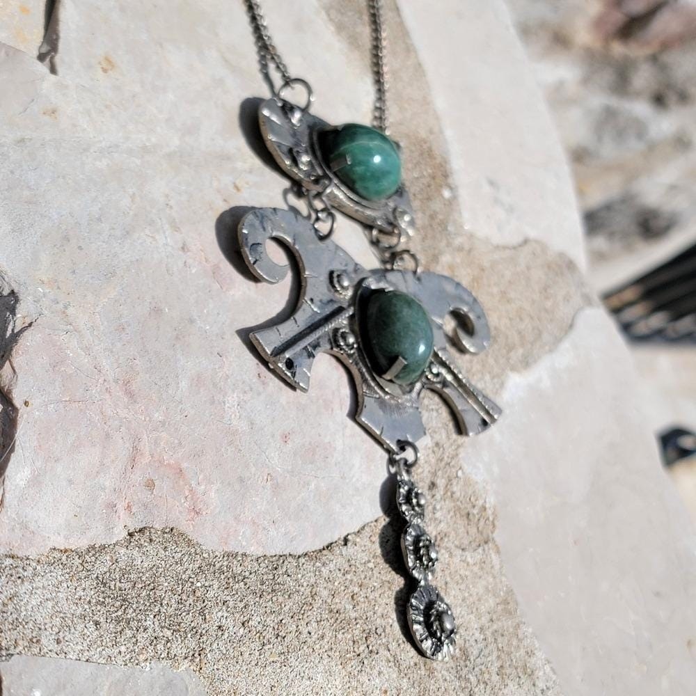 Vintage Made in Brazil Statement Necklace Green Cabochon Silver Tone Pendant 6″