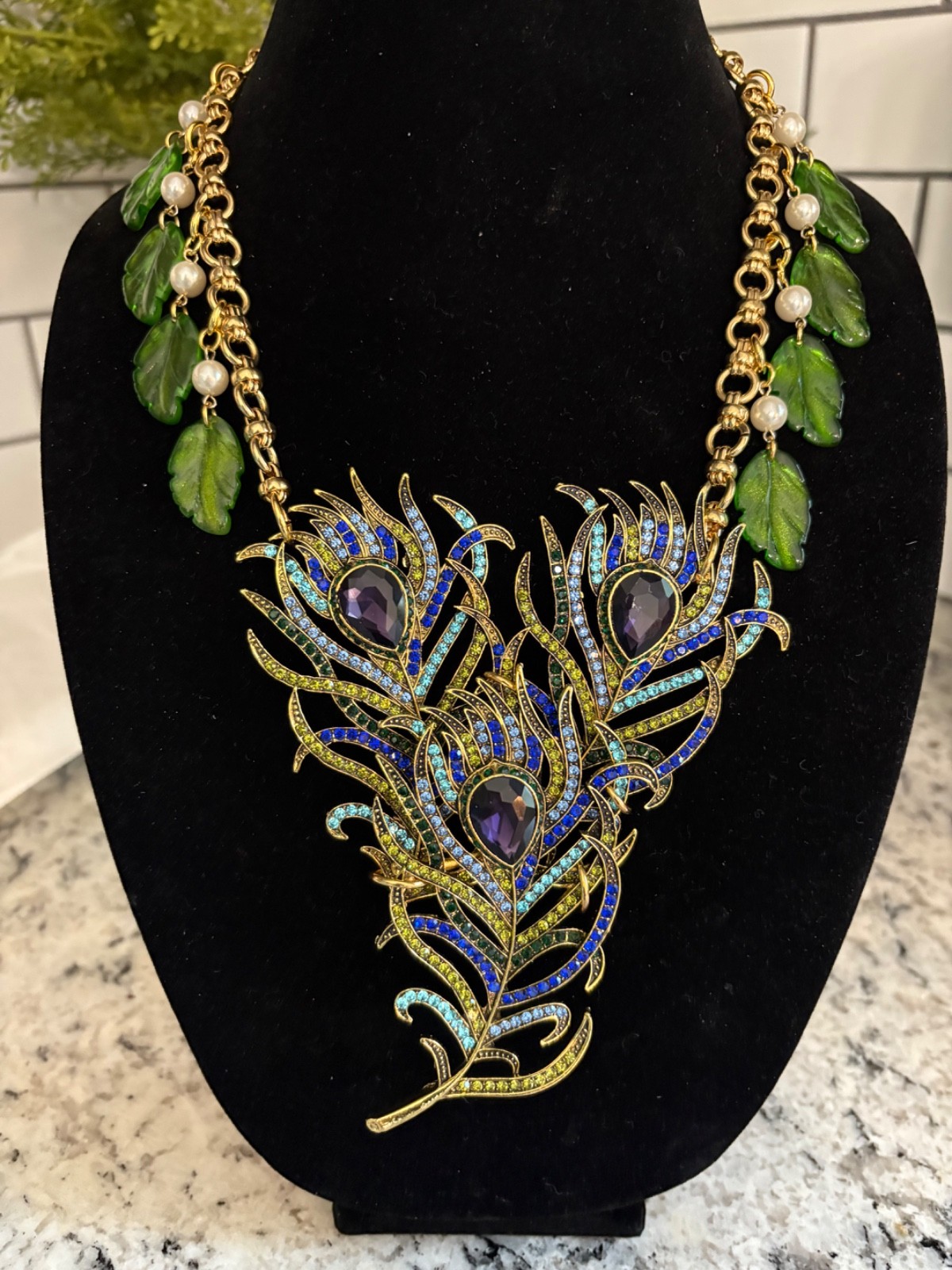 Triple Rhinestone Peacock Feather Statement Necklace-Repurposed & 1 of a Kind!