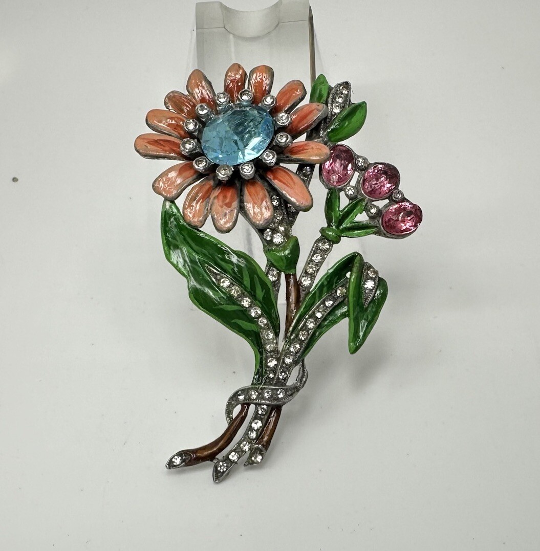 Vintage Art Deco Enamel Flower Brooch Trifari / Coro Style Pot Metal Spray Pin