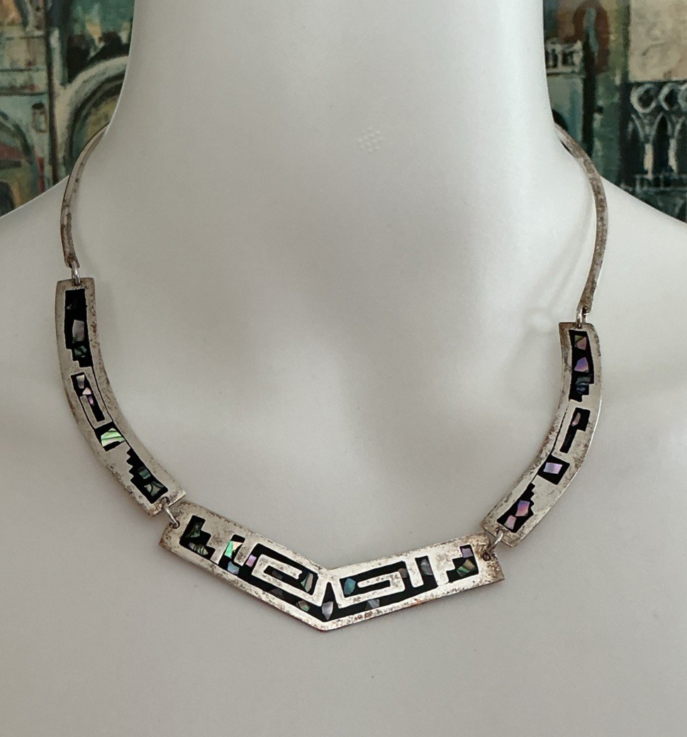 Vintage Alpaca Silver Mexico collar necklace with abalone shell inlay 16.5 in