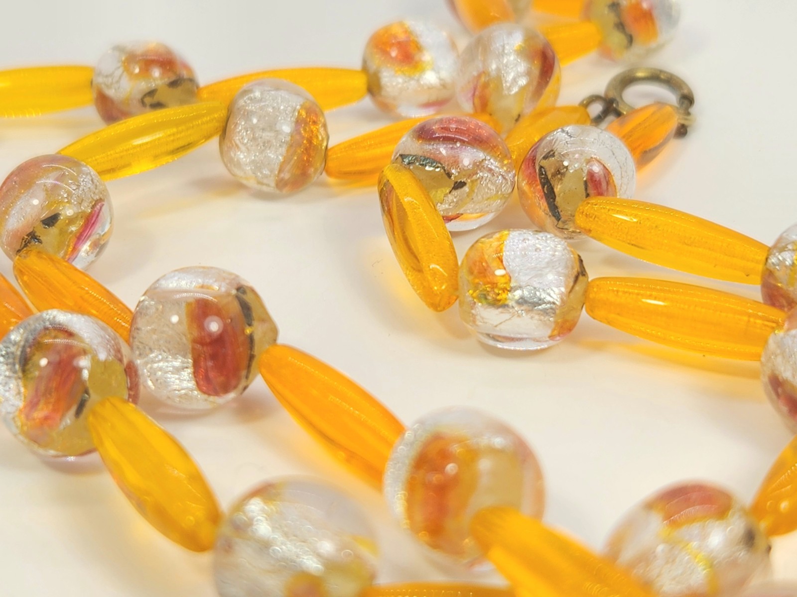 Art Glass Foil Bead Necklace Orange Silver Vtg Czech 23 Inch Oblong & Round