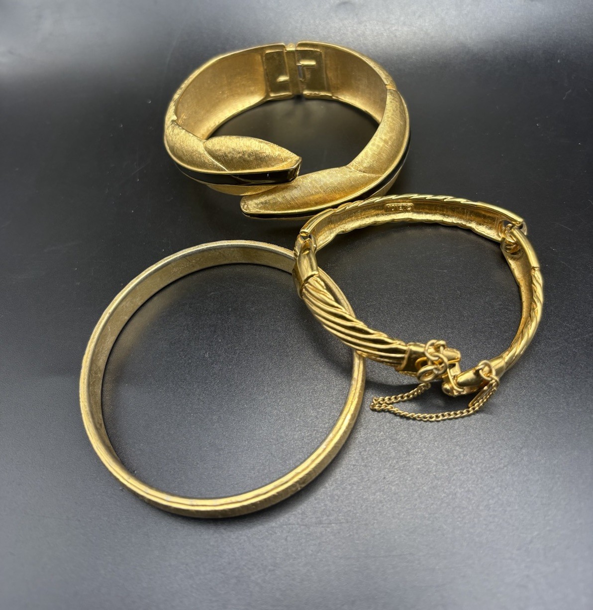 Vintage Monet Gold Tone Bracelet Bangle Lot Of 3 Clamper Bar Link Safety Chain