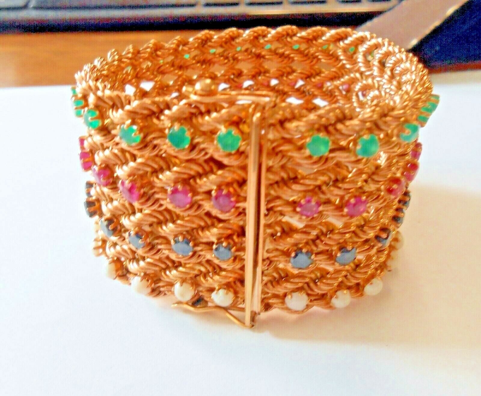 14K Yellow Gold Emerald Ruby Sapphire Opal Multi Strand Wide Bracelet 76 Grams