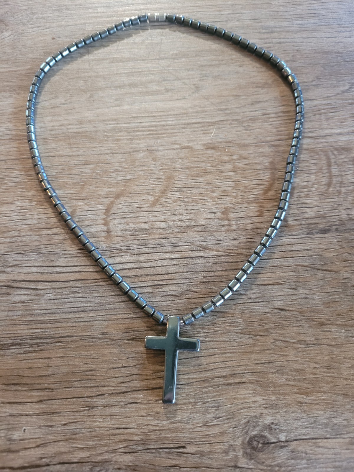 Hematite Stone Cross Pendant Beaded Necklace 16 in Vintage Strand Choker Collar