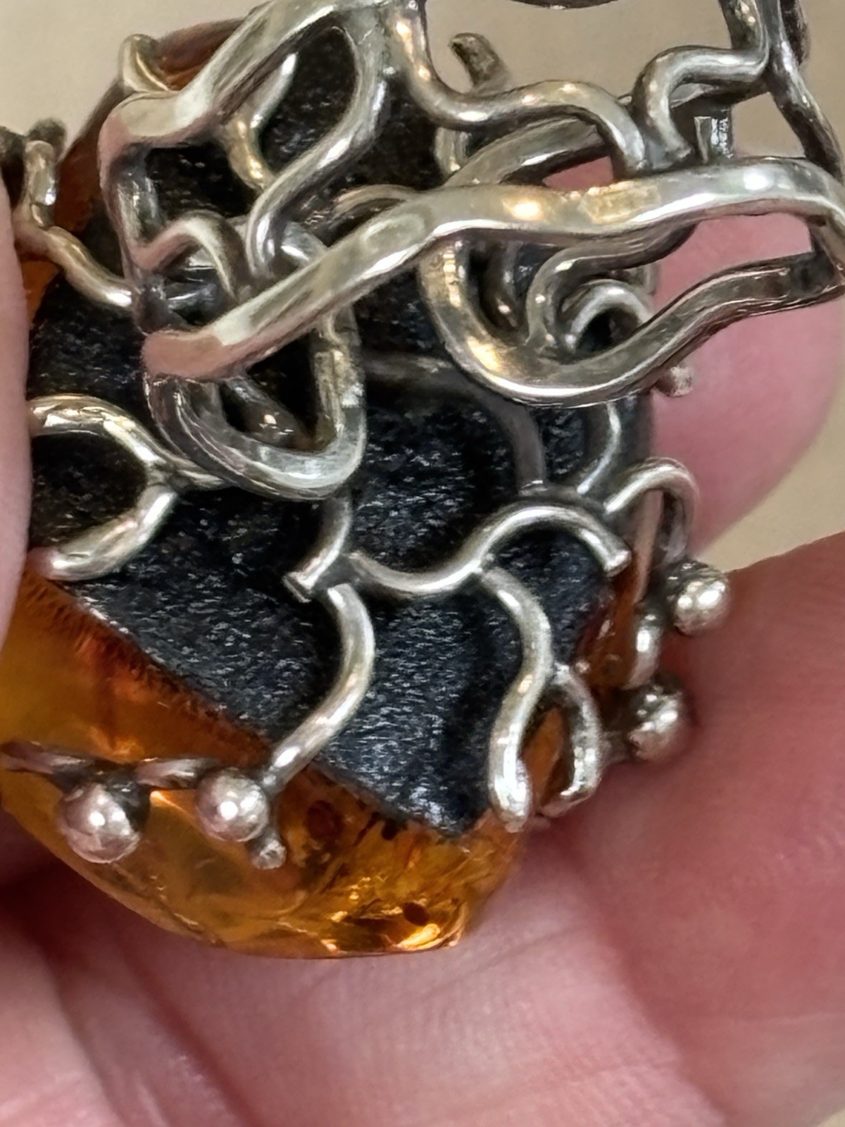 Vtg. HALLMARKED 925 Head Facing Right STERLING SILVER AMBER RING Hand Made 7