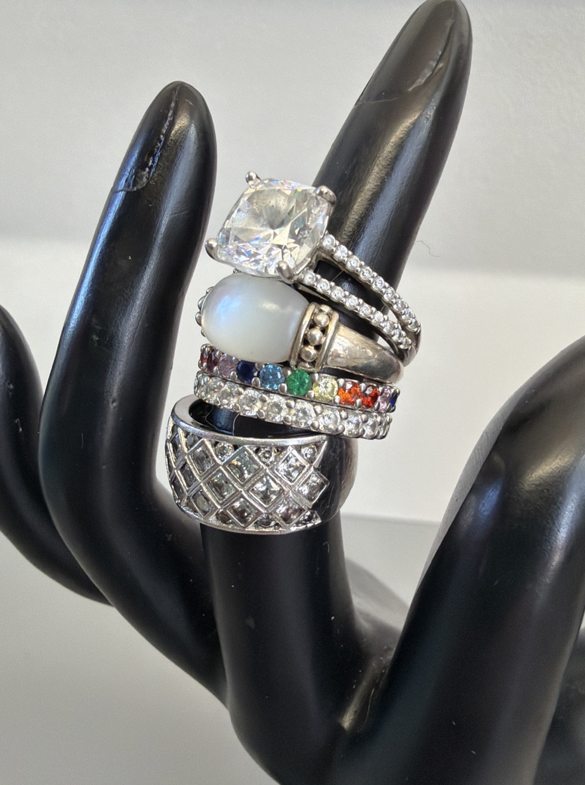 Sterling Silver Lot Of 5 Various MOP CZ Multicolor And White/Clear Rings Size 5