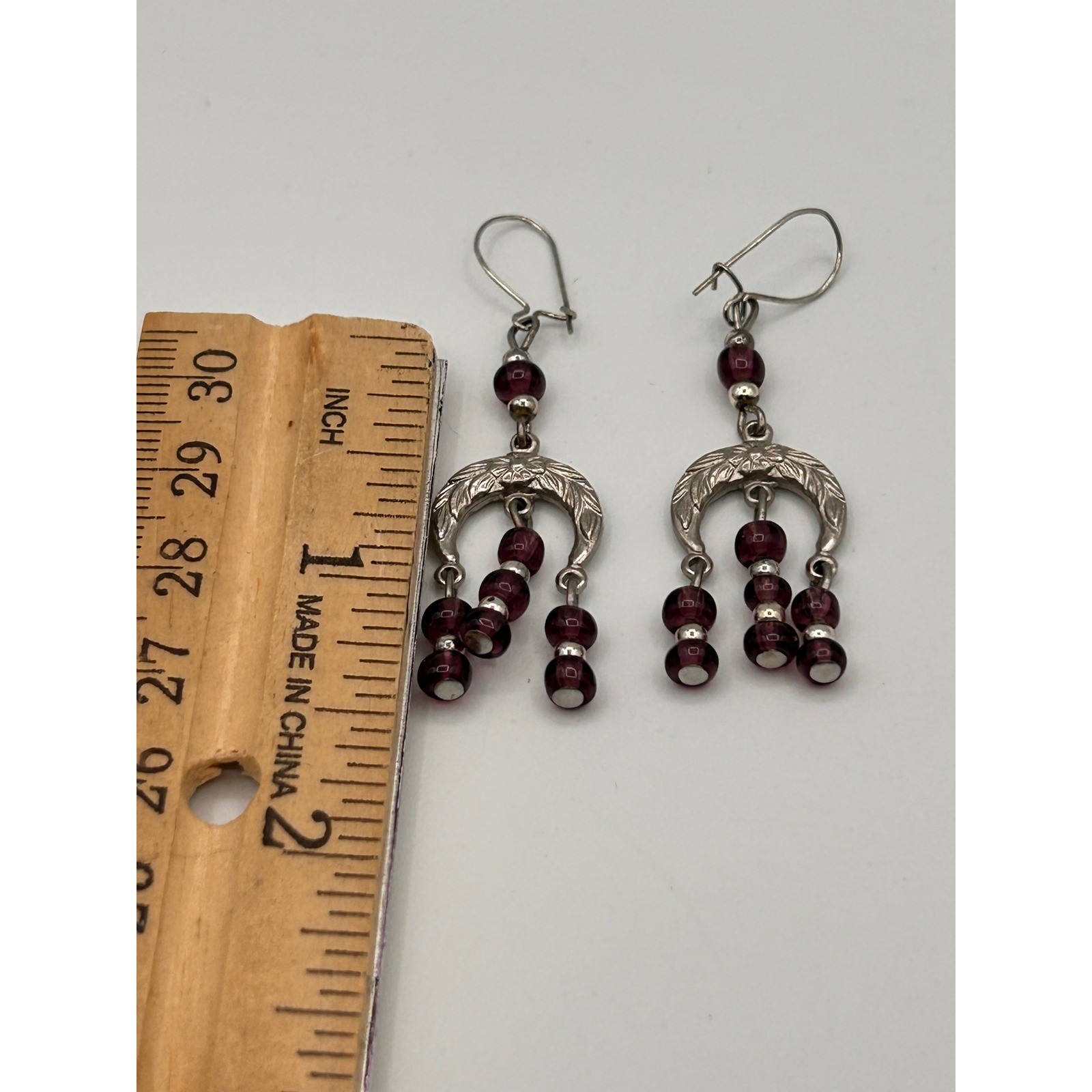 Vintage Silver Tone Purple Beaded Chandelier Dangle Drop Earrings Boho