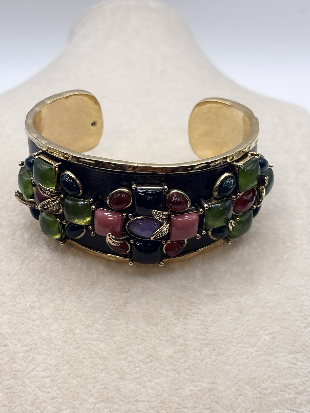 Vintage Chunky Gold Tone Multicolor Cabochon Crystal & Leather Byzantine Cuff