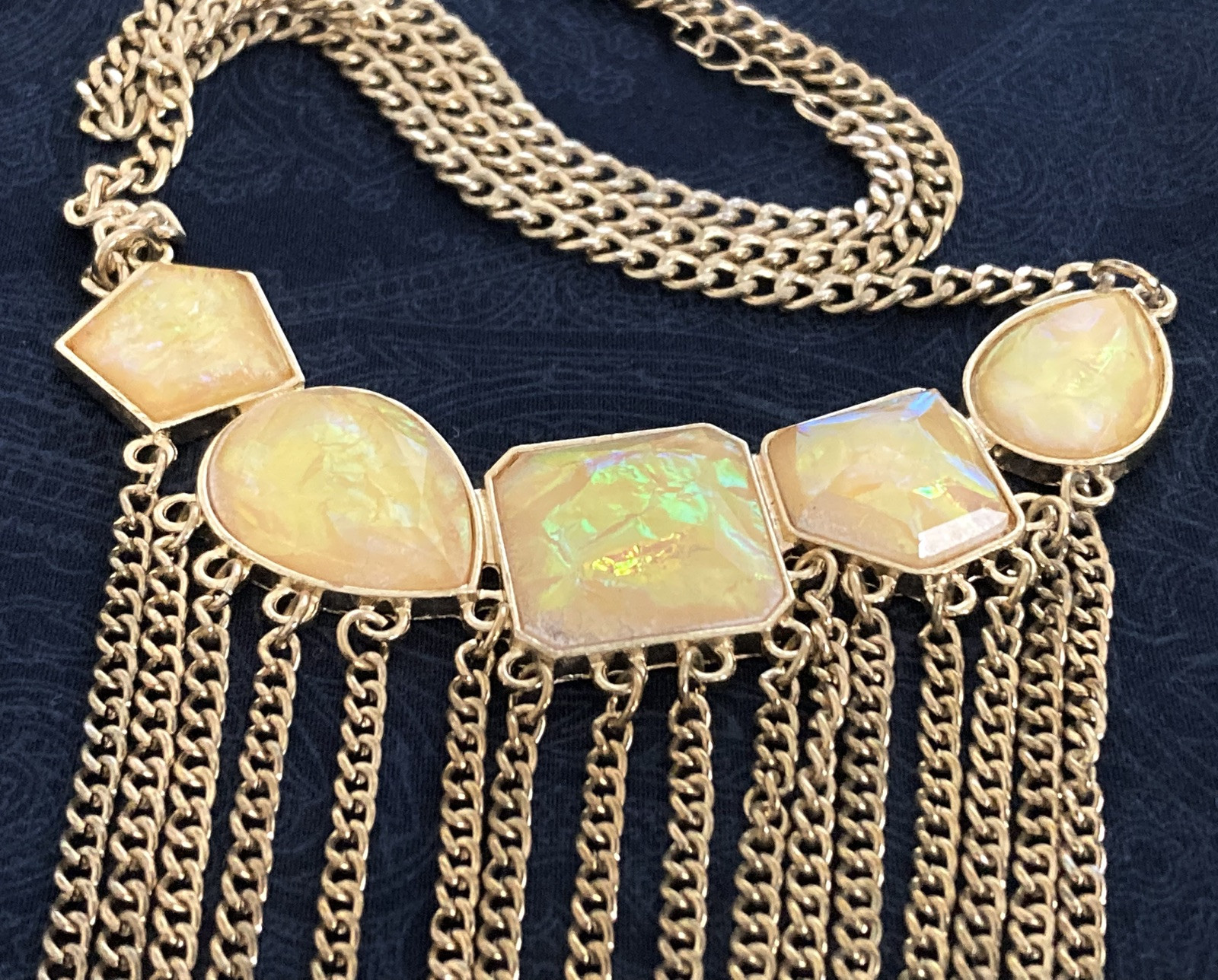 Statement Bib Fringe Necklace Gold Tone Chain Iridescent Yellow Faceted Beads