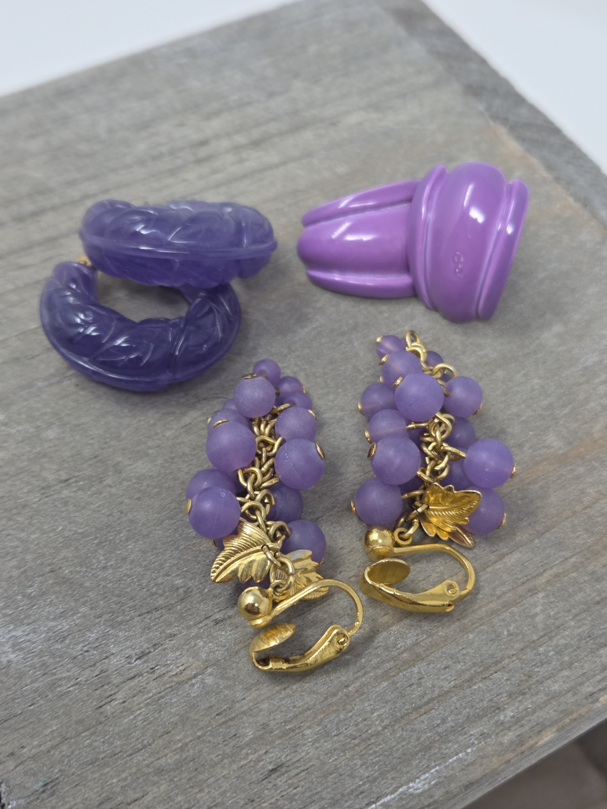 Three Pairs Purple Vintage Clip-on Earrings Grapes Bunch Dangles Hoops Enamel