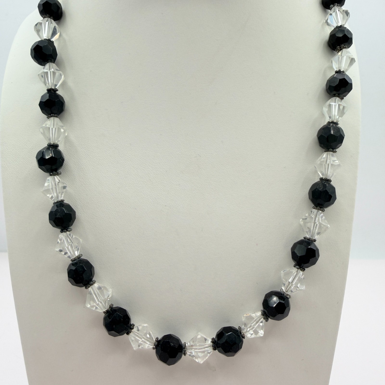 Vintage Black Clear Crystal Bead Necklace Bracelet Dangle Earrings Matching Set